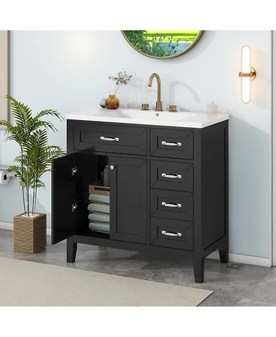 Sillysis 36" Bathroom Vanity with Ceramic Sink, Solid Wood Frame, Storage Cabinet & Drawers for Modern Bathrooms