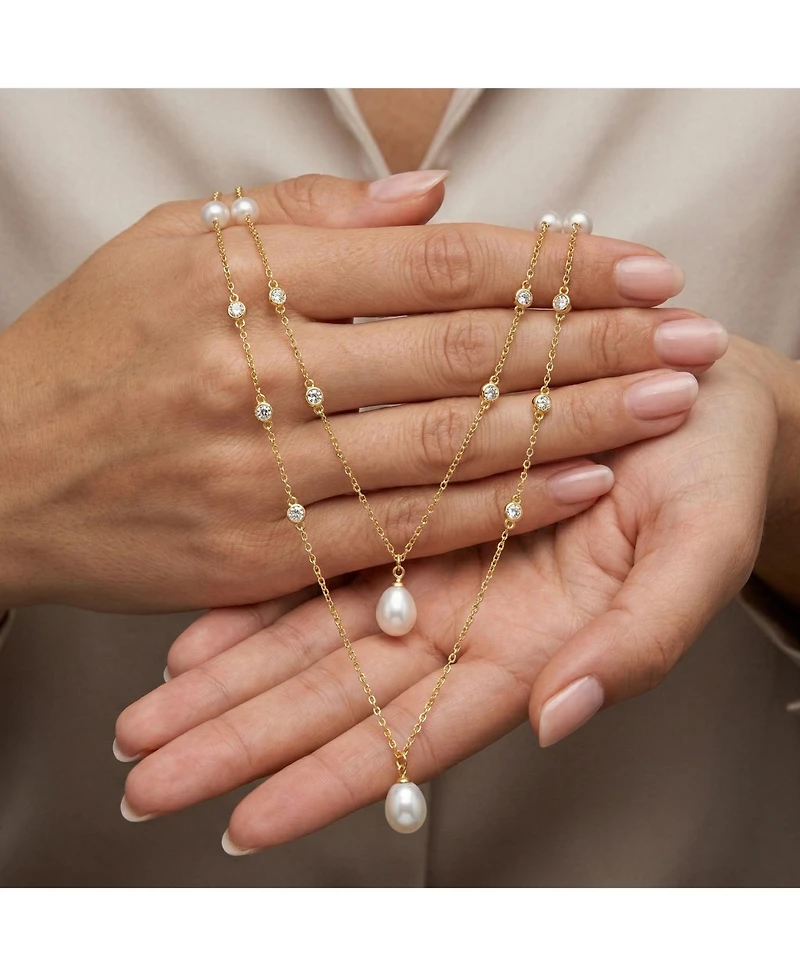 Genevive Sterling Silver 14K Gold Plated with Freshwater Pearl Layered Necklace