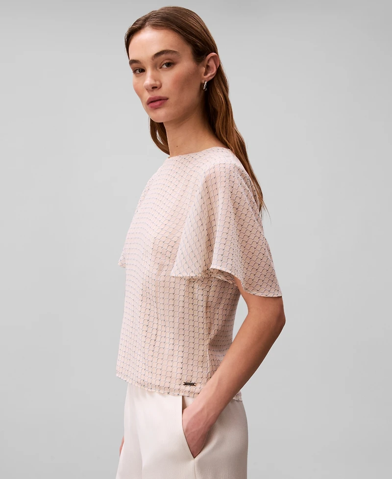 Calvin Klein Women's Printed Flutter-Sleeve Crewneck Top