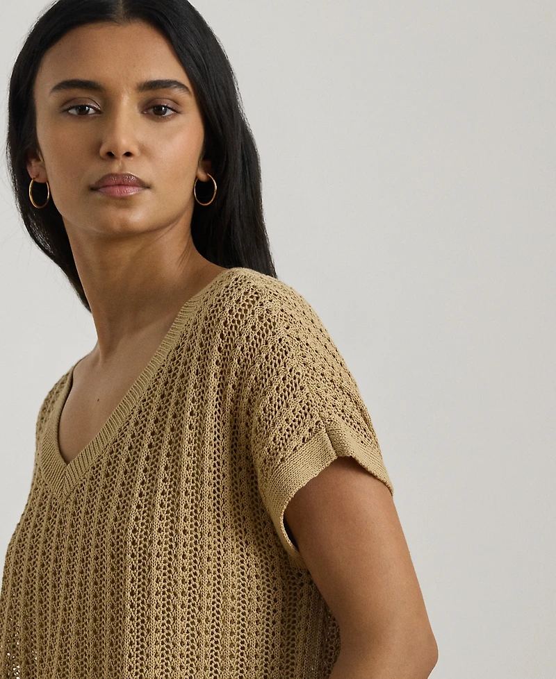 Lauren Ralph Petite V-Neck Open-Knit Sweater