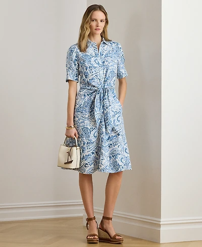 Lauren Ralph Petite Paisley-Print Tie-Front Collared Shirt Dress