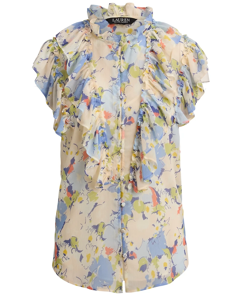 Lauren Ralph Petite Floral-Print Ruffle Band Collar Georgette Top