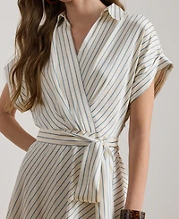 Lauren Ralph Petite Striped Belted Wrap Collared Midi Dress