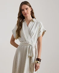 Lauren Ralph Petite Striped Belted Wrap Collared Midi Dress