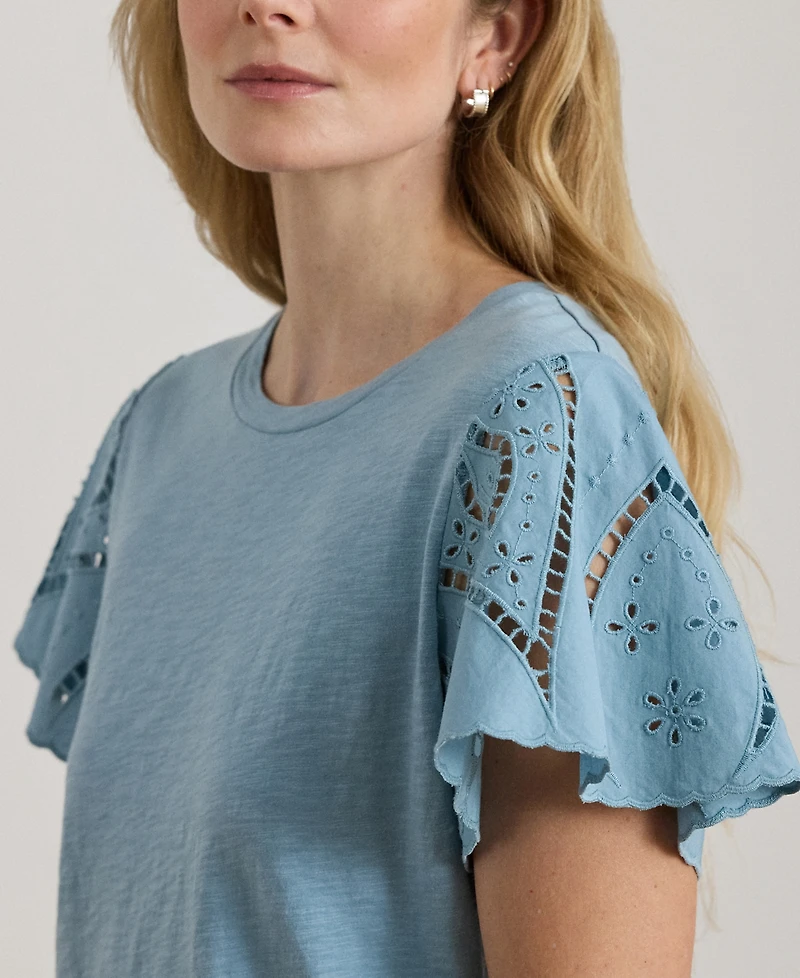 Lauren Ralph Petite Eyelet Flutter-Sleeve Crewneck Top