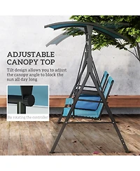 Outsunny 2 Person Porch Swing with Canopy, Storage Table, Cup Holder, Blue