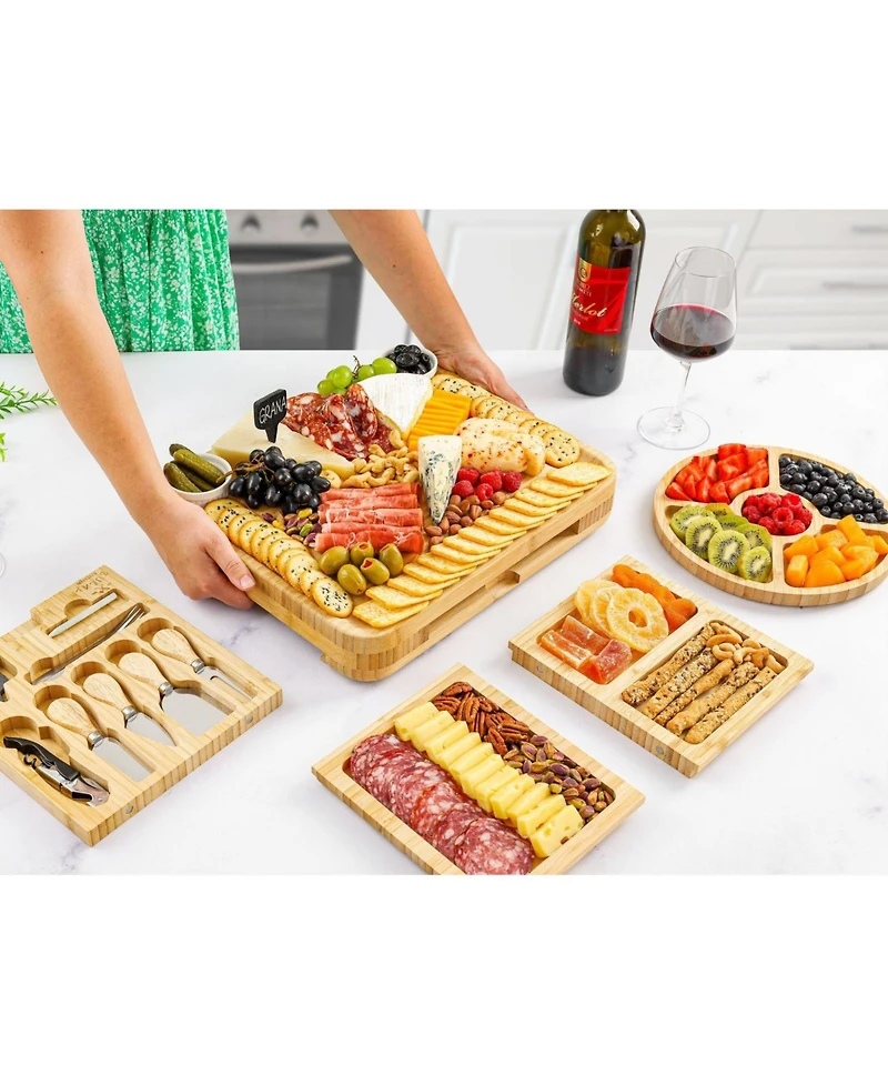 Premium Bamboo Cheese Board Deluxe Set with 4 Piece Knife Set