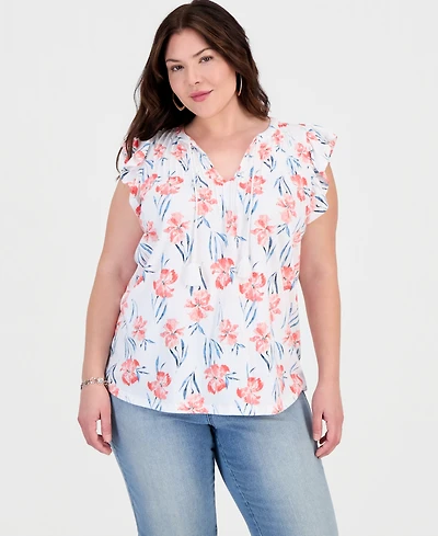 Style & Co Plus Emelia Flutter-Sleeve Tie-Neck Top