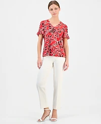 Anne Klein Essentials Petite Printed Ruffled-Sleeve Top