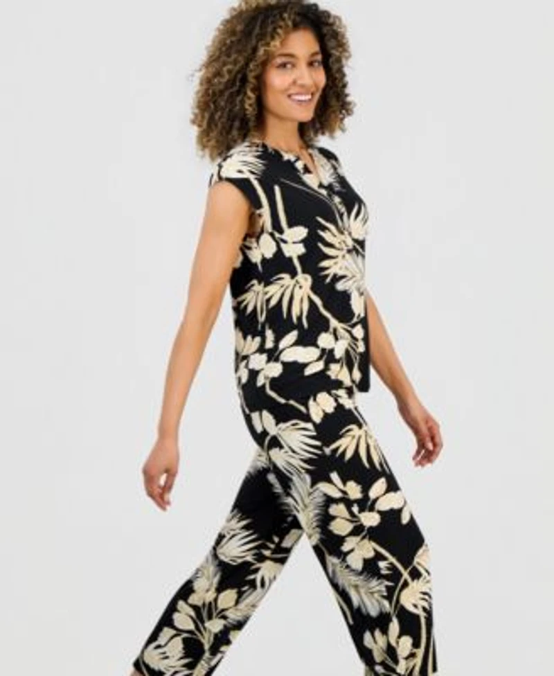 Anne Klein Essentials Petite Printed Short Sleeve Top Cropped Pants