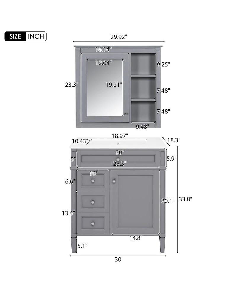 Sillysis 30'' Bathroom Vanity Set with Mirror Cabinet, Solid Wood & Mdf, Soft Close Drawers, Ample Storage for Modern Bathrooms