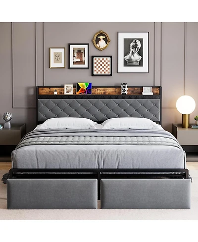 gaomon King Bed Frame with 2 Drawers and Charging Station, Upholstered Led Bed Frame with Storage Headboard, Noise-Free Design, No Box Spring Needed
