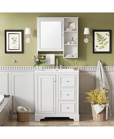 Sillysis 30" Solid Wood Bathroom Vanity Set with Mirror Cabinet, Ceramic Sink & Soft Close Drawers for Modern Bath-Sillysis