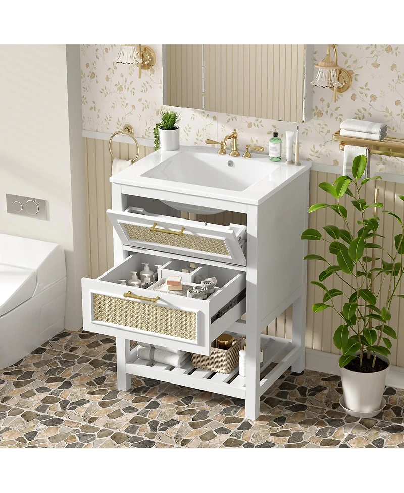 Sillysis 24 Inch Freestanding Bathroom Vanity with Ceramic Sink, Flip-Out Drawer & Modern Storage for Small Spaces