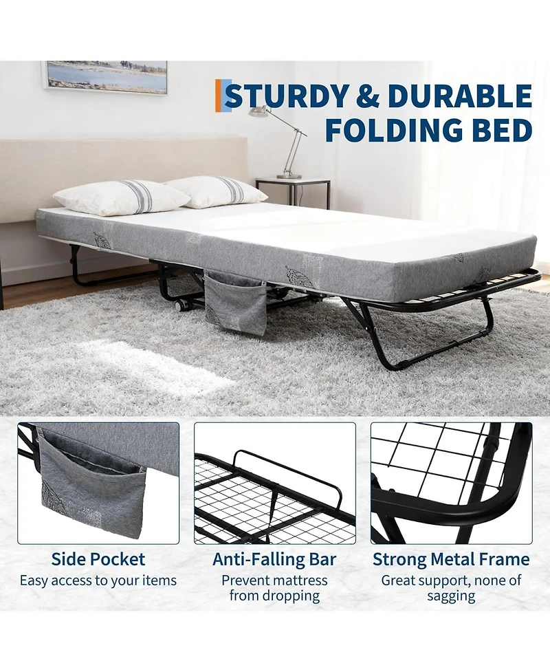 gaomon Folding Bed with Mattress, 75" x 38" Folded Bed with 5 Memory Foam Mattress and Sturdy Metal Frame, Rollaway Guest Beds on Wheels for