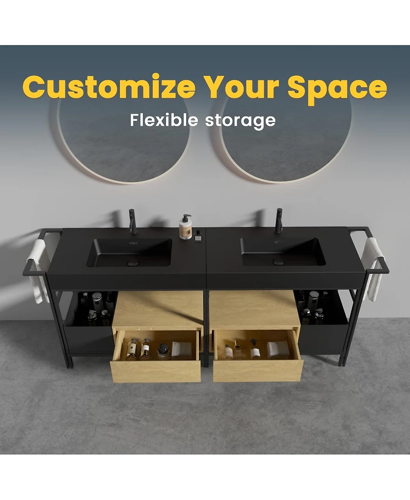 Sillysis Industrial Double Bathroom Vanity with Artificial Stone Sinks, Large Freestanding Bathroom Vanity without Faucet