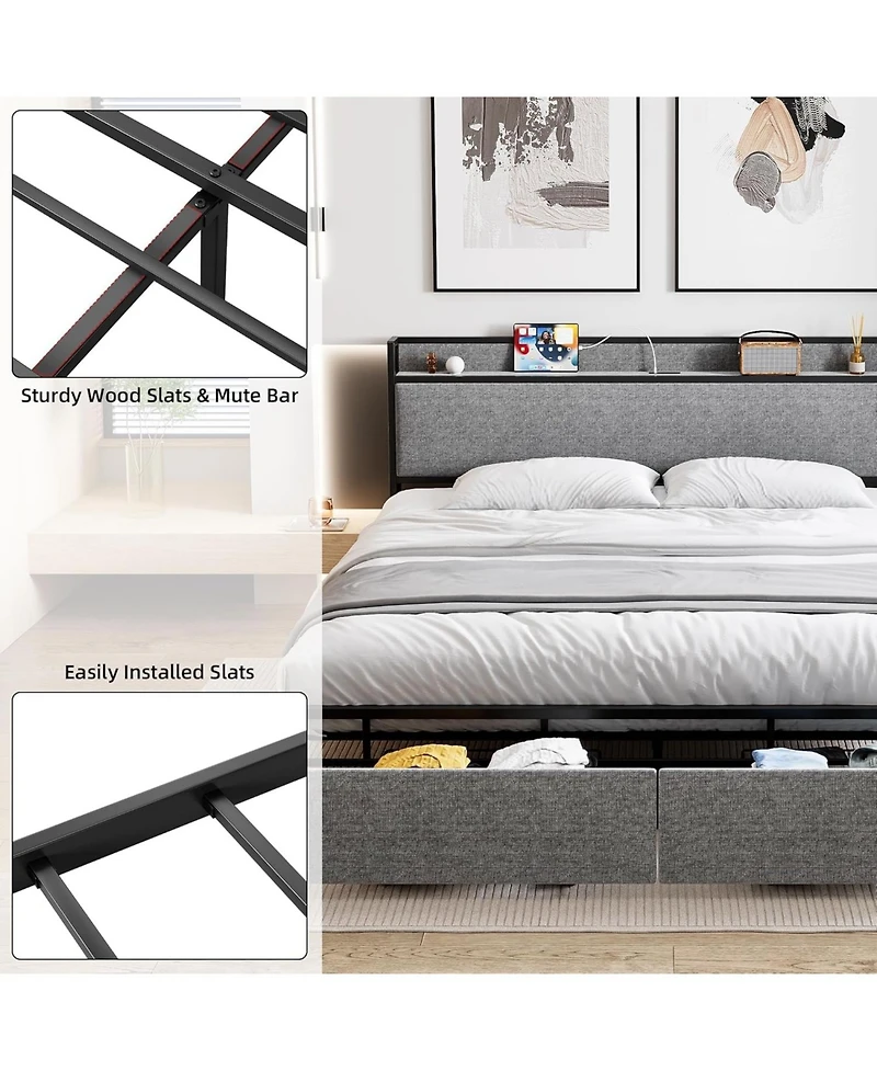 gaomon King Upholstered Bed with Usb & 2 Drawers
