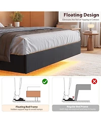 gaomon Queen Floating Bed Frame with Led and Storage Headboard Upholstered Charging Station No Box Spring.