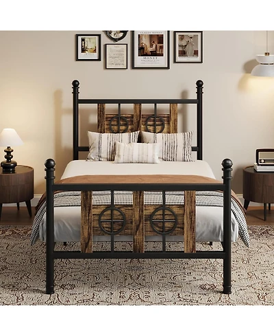 gaomon Bed Frame with Headboard and Footboard, Metal Bed Frame w/Vintage Circular Design & Storage Space Under Bed
