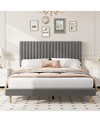 gaomon Bed Frame with Adjustable Headboard, Velvet Upholstered Platform Queen Size Bed Frame, Vertical Channel Tufted, Strong Wooden Slats