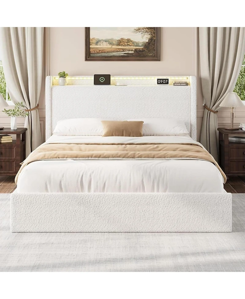 gaomon Full Bed Frame with Storage Headboard, Upholstered Charging Station, Led Lights, 4 Drawers