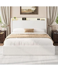 gaomon Full Bed Frame with Storage Headboard, Upholstered Charging Station, Led Lights, 4 Drawers