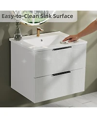 Sillysis 24" Wall Mounted Bathroom Vanity with Ceramic Sink, Fluted Mdf Cabinet & Drawers for Modern Bathrooms