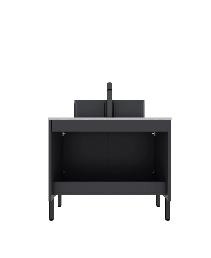 Sillysis 30'' Modern French Freestanding Bathroom Vanity with Black Ceramic Sink, Carrara White Countertop, Soft Close 2-Door Storage