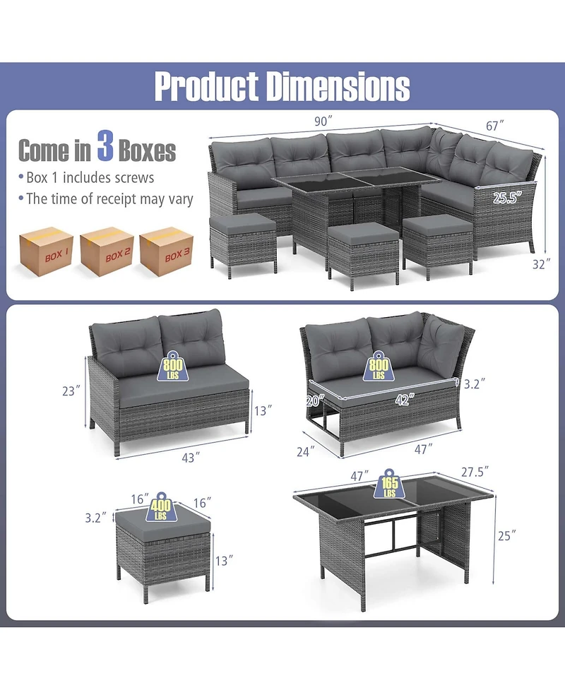 Gymax Set of 7 Dining Furniture Set Pe Rattan Sectional Sofa Set Patio