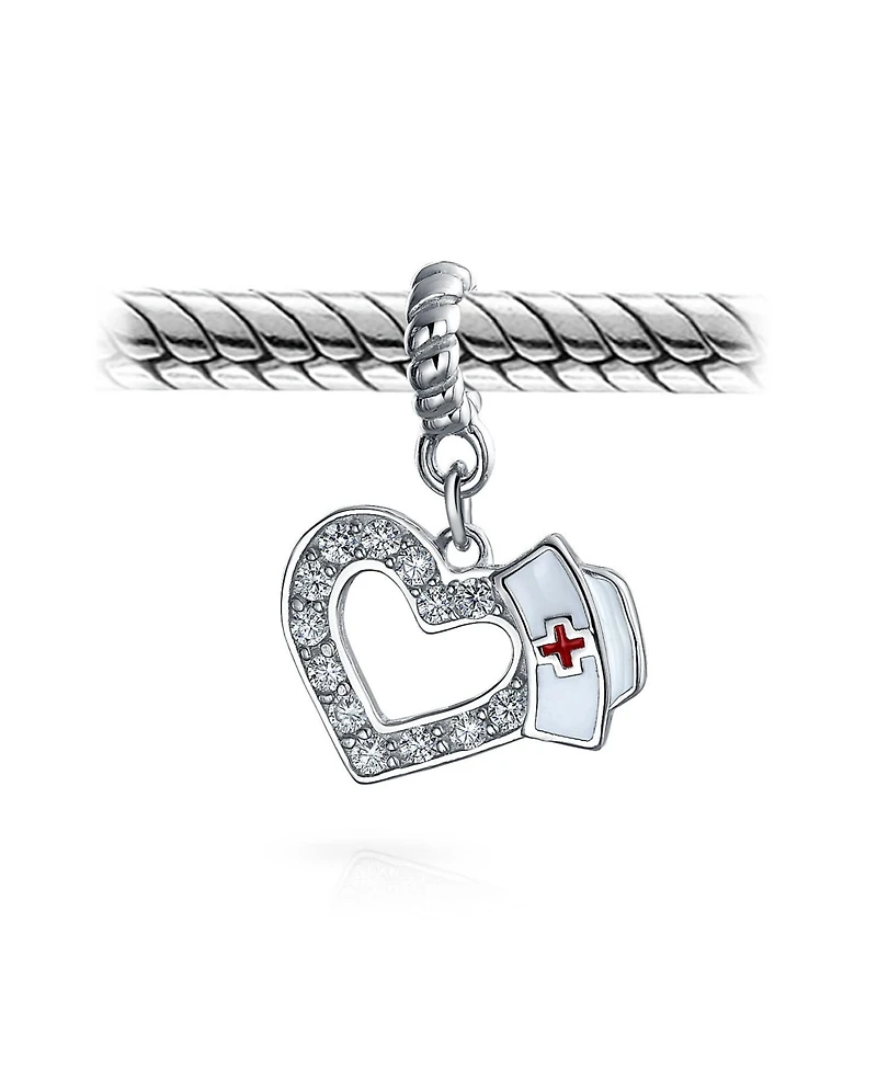 Bling Jewelry Heart Shape Rn Cap Nurse Dangle Bead Charm For Charm Bracelet .925 Sterling Silver