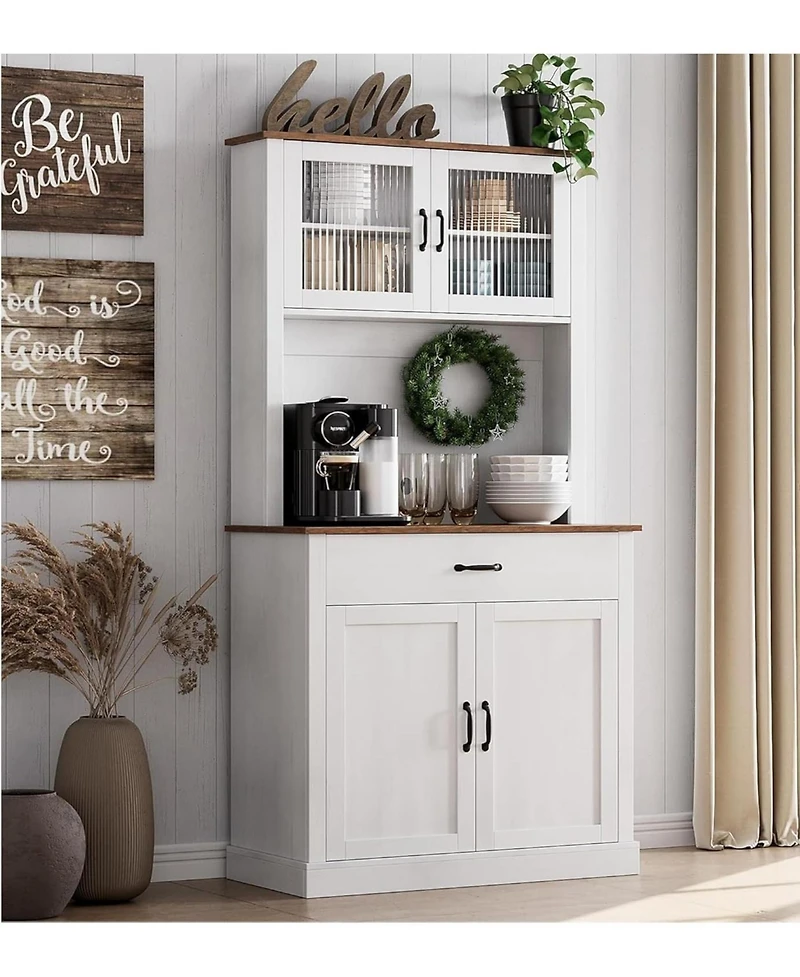 gaomon Kitchen Pantry Cabinet with Microwave Stand & Coffee Bar,Wooden Freestanding Hutch Cabinet with Adjustable Shelves and 4 Doors