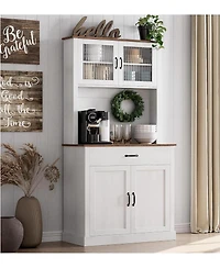 gaomon Kitchen Pantry Cabinet with Microwave Stand & Coffee Bar,Wooden Freestanding Hutch Cabinet with Adjustable Shelves and 4 Doors