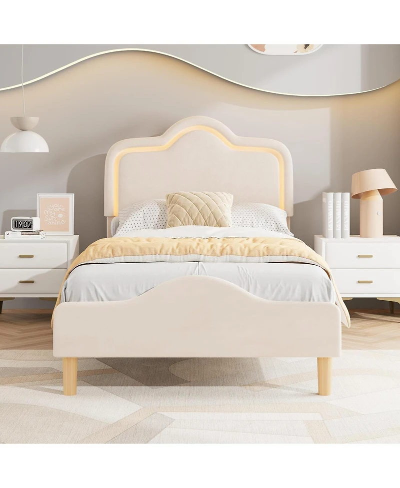 gaomon Velvet Bed Frame with Led Headboard & Footboard, Princess Platform for Kids, Slats