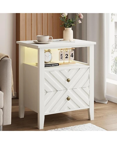 gaomon Led Nightstand with 2 Storage Drawers, Farmhouse Bedside Table with Rgb Lighting, Open Shelf and Sturdy Wooden Legs, Rustic Side Table