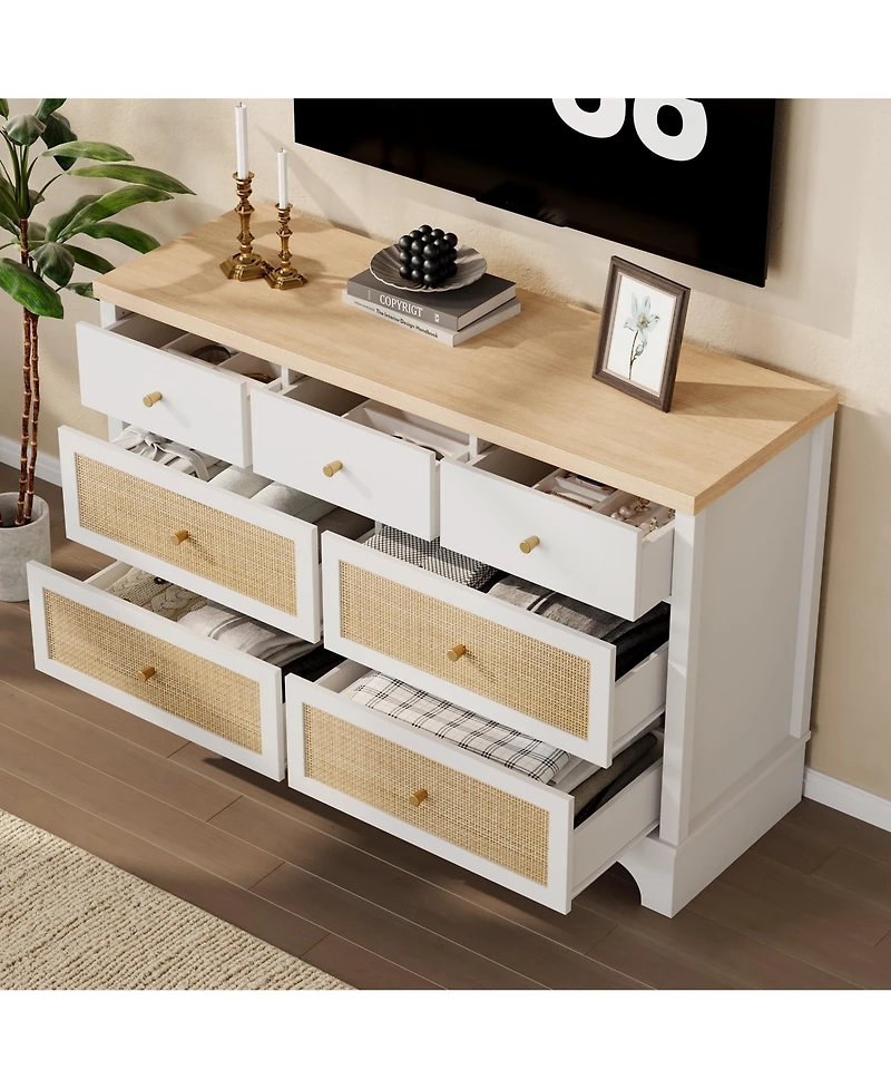gaomon Wide Wood Chest of Drawers with Rattan Drawers, Drawer Organizer with Sturdy Base