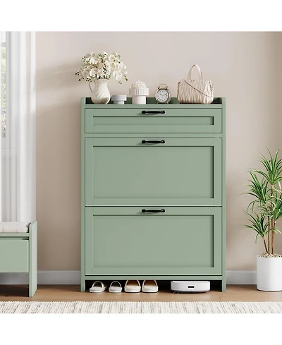 gaomon Shoe Cabinet with 2 Flip Drawers and 1 Top Drawer High-Gloss Painted Wood Shoe Organizer with Adjustable Shelves