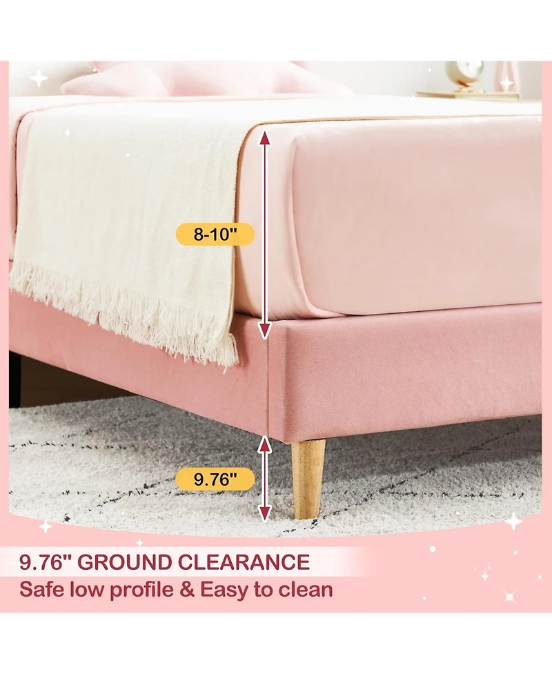 gaomon Twin Bed Frame, Velvet Upholstered Platform Bed with Wave Headboard for Girls/Kids, Easy Assembly, Wooden Slats Support, No Box Spring Needed