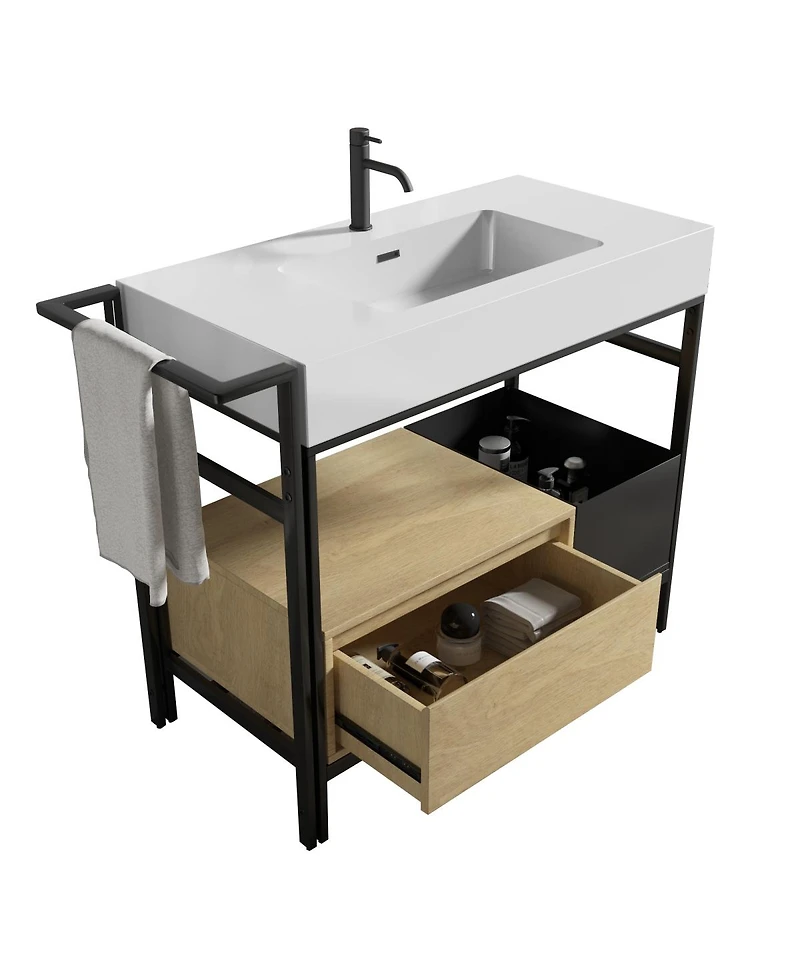 Sillysis 36'' Industrial Bathroom Vanity with White Artificial Stone Sink, Modern Freestanding without Faucet