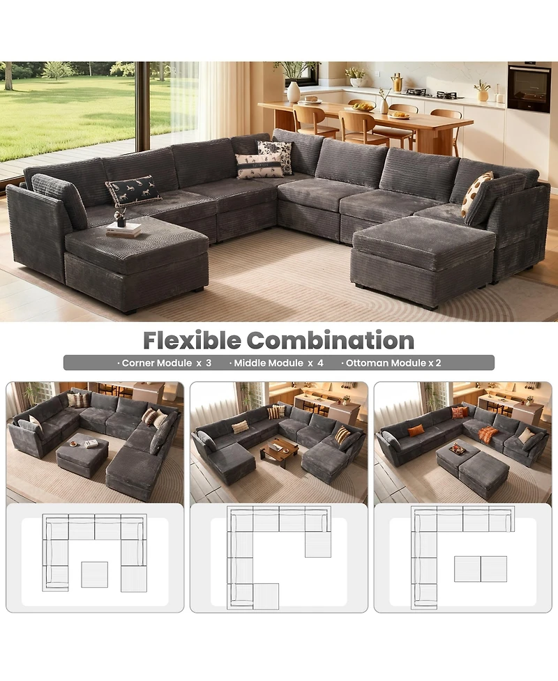 Xizzi 9-Piece Modular Sectional Sofa Couch with Chaise Ottomans, Comfy Plush Corduroy Cloud Couches, Modern Deep Seat Sofas Set for Living Room