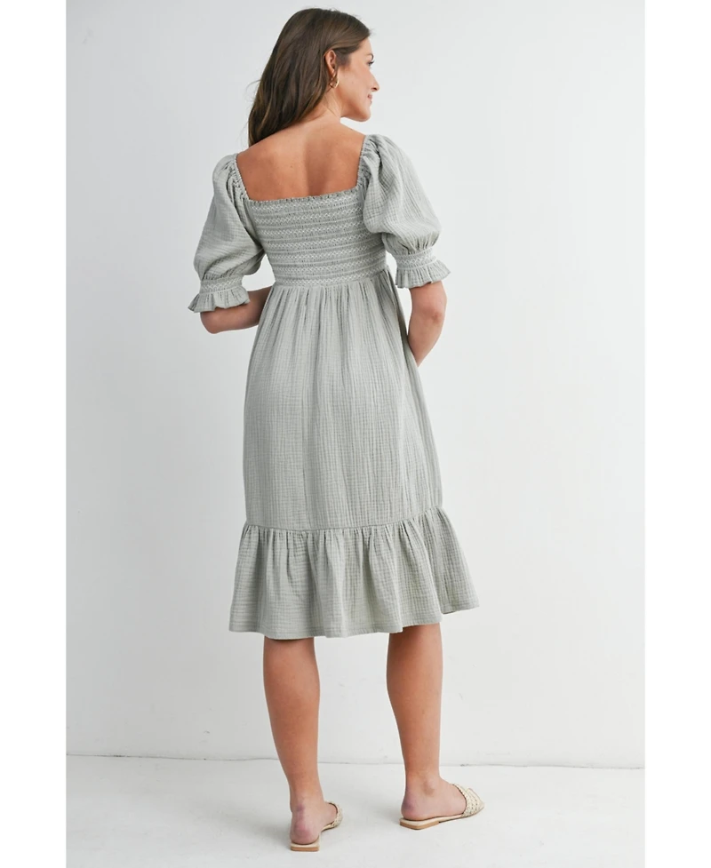 Hello Miz Maternity Smocked Empire Waist Puff Sleeve Midi Dress with Ruffle Hem