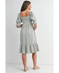 Hello Miz Maternity Smocked Empire Waist Puff Sleeve Midi Dress with Ruffle Hem