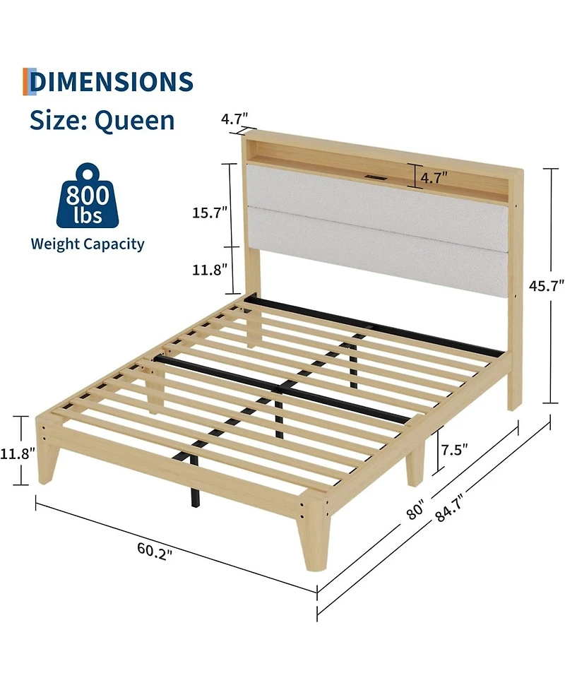 gaomon Queen Upholstered Bed Storage Headboard Led Boucle Platform Charging Station No Box Spring Easy Assembly