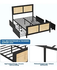 gaomon Rattan Accent Storage Bed with Led Lights-4 Drawers-Woven Front-mdf Wood Frame
