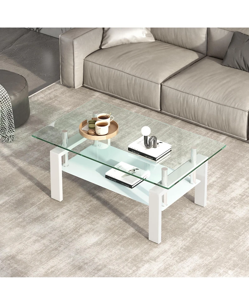 Rainsken Rectangle 2-Tier Glass Coffee Table, Modern Small Center Table with Storage and Metal Legs for Living Room, Home Office