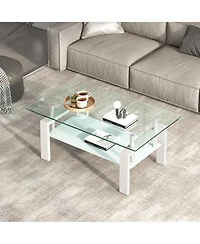 Rainsken Rectangle 2-Tier Glass Coffee Table, Modern Small Center Table with Storage and Metal Legs for Living Room, Home Office