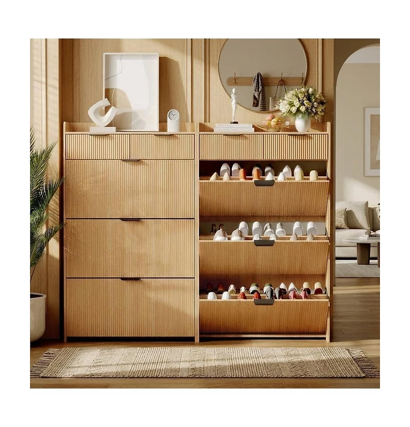 gaomon Modern Shoe Cabinet with 3 Flip Drawers and 2 Small Drawers and Hook Slim Fluted Shoe Storage Organizer.