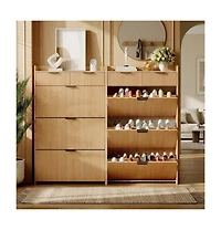 gaomon Modern Shoe Cabinet with 3 Flip Drawers and 2 Small Drawers and Hook Slim Fluted Shoe Storage Organizer.