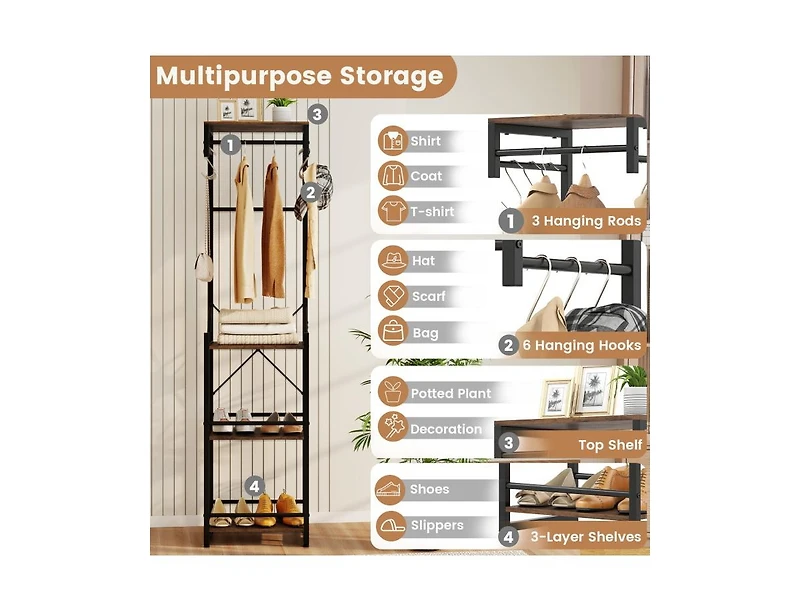 Slickblue Freestanding Coat Rack with 6 Hooks and 4 Storage Shelves