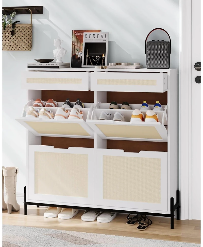 gaomon Rattan Shoe Cabinet Storage with 4 Flip Drawers and 2 Top Drawers Freestanding Shoe Organizer Wooden Slim Shoe Rack Storage