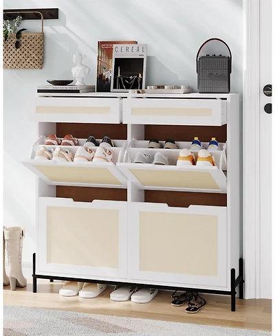 gaomon Rattan Shoe Cabinet Storage with 4 Flip Drawers and 2 Top Drawers Freestanding Shoe Organizer Wooden Slim Shoe Rack Storage